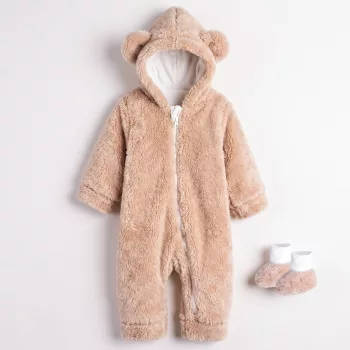   Nicol kisfiú BENEK 2 részes füles kapucnis bélelt teddy plüss babaoverál szett cipőcskével bézs-krém 68