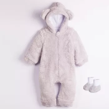   Nicol kisfiú FARMA 2 részes füles kapucnis bélelt teddy plüss babaoverál szett cipőcskével fehér-világosszürke 74