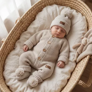   Zyzio & Zuzia kisfiú KAZUM 3 részes kötött baba szett overállal, sapkával és cipőcskével kapucsínóbarna 56/62