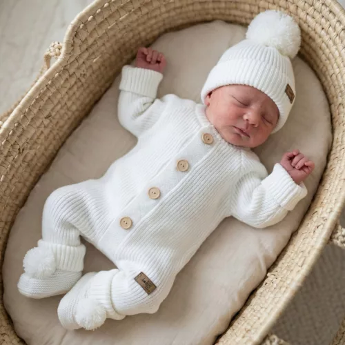 Zyzio & Zuzia uniszex KAZUM 3 részes kötött baba szett overállal, sapkával és cipőcskével kókuszfehér 56/62