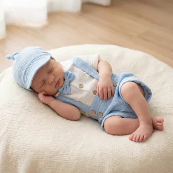   Zyzio & Zuzia kisfiú 4 részes muszlin baba együttes bodyval, kantáros rövidnadrággal, sapkával és csokornyakkendővel világoskék 56
