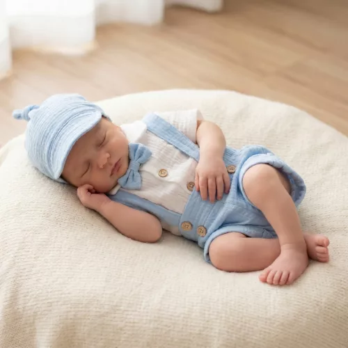 Zyzio & Zuzia kisfiú 4 részes muszlin baba együttes bodyval, kantáros rövidnadrággal, sapkával és csokornyakkendővel világoskék 62
