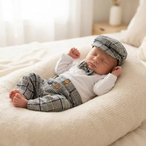 Zyzio & Zuzia kisfiú 4 részes elegáns baba együttes bodyval, nadrággal, csokornyakkendővel és ellenzős sapkával kockás 80