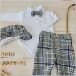 Zyzio & Zuzia kisfiú 4 részes elegáns baba együttes bodyval, nadrággal, csokornyakkendővel és ellenzős sapkával kockás 80