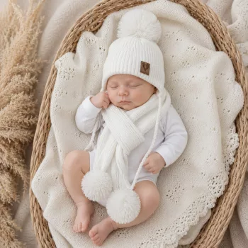   Zyzio & Zuzia uniszex fehér téli megkötős baba sapka sállal pomponnal 56/62 (38-40 cm)