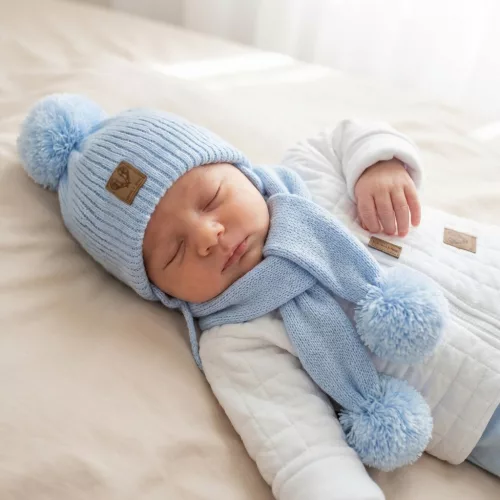 Zyzio & Zuzia kisfiú világoskék téli megkötős baba sapka sállal pomponnal 56/62 (38-40 cm)