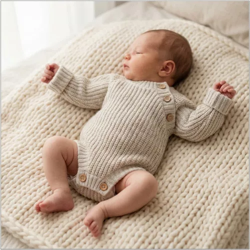 Zyzio & Zuzia kisfiú KAZUM babával együtt növő kötött hosszú ujjú baba body kapucsínó 56/62