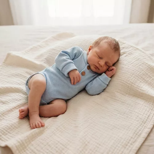 Zyzio & Zuzia kisfiú babával növekvő bordázott hosszú ujjú pamut body világoskék 56/62