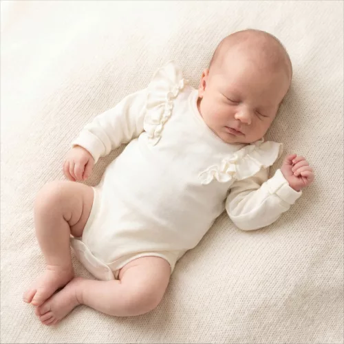 Zyzio & Zuzia kislány babával együtt növő hosszú ujjú body fodorral ekrü 56/62