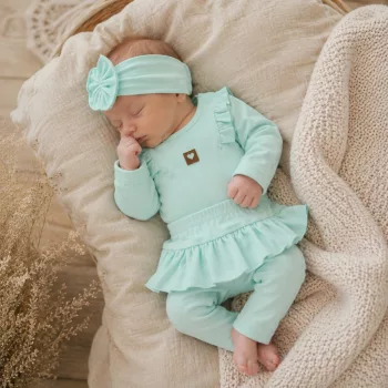   Zyzio & Zuzia kislány 3 részes baba szett bodyval, szoknyás leggingsszel és hajpánttal mentazöld 80