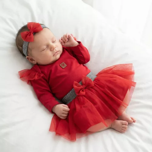 Zyzio & Zuzia kislány 3 részes tüllszoknyás baba együttes bodyval és hajpánttal piros 56