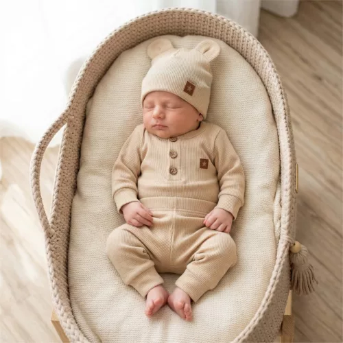 Zyzio & Zuzia uniszex 3 részes bordázott baba szett bodyval és sapkával bézs 62